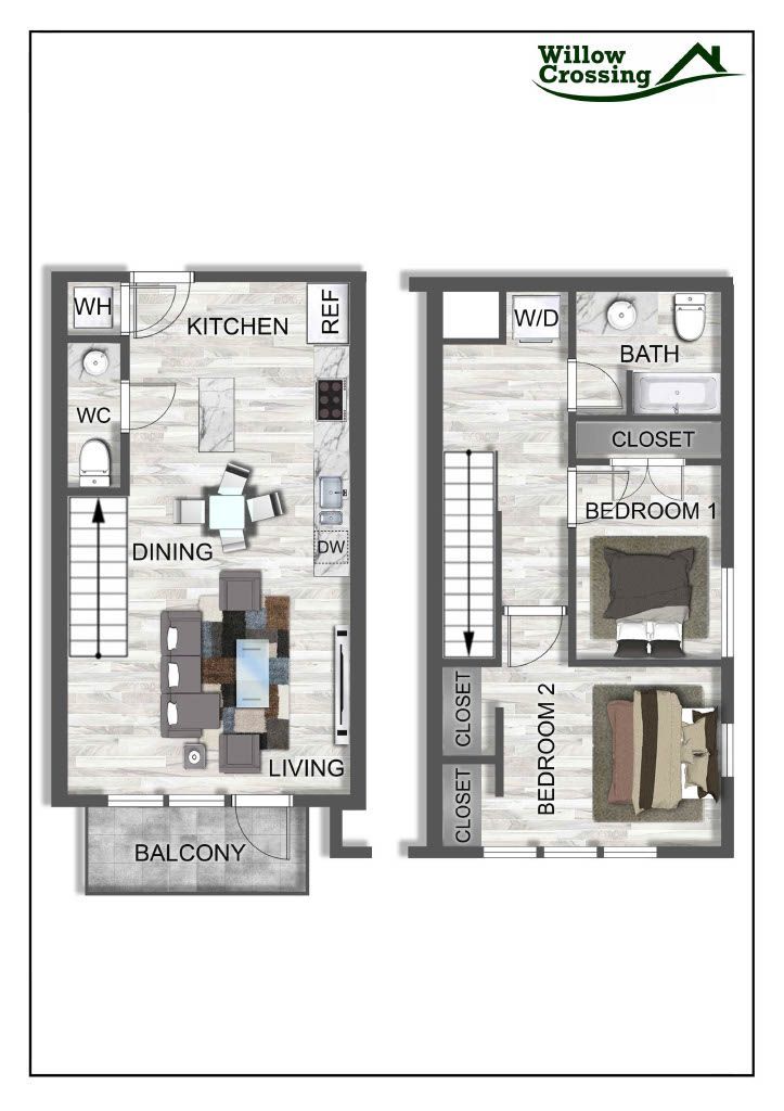A floor plan of a house with two bedrooms and a balcony.