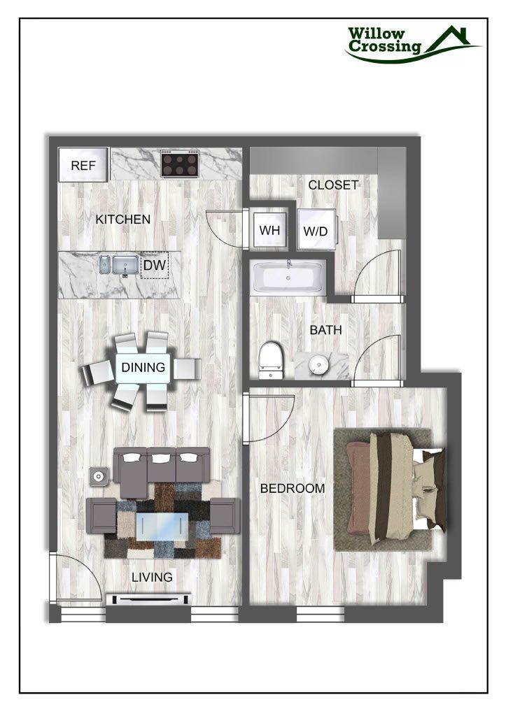 A floor plan of a house with a living room , dining room , and kitchen.