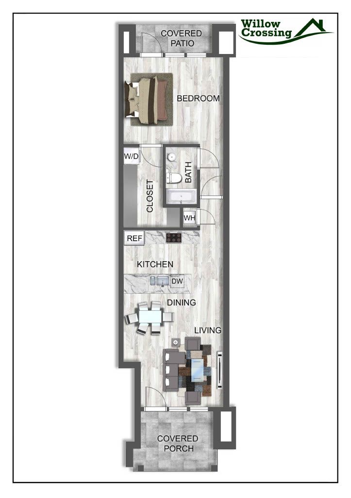 A floor plan of a small apartment with a balcony.