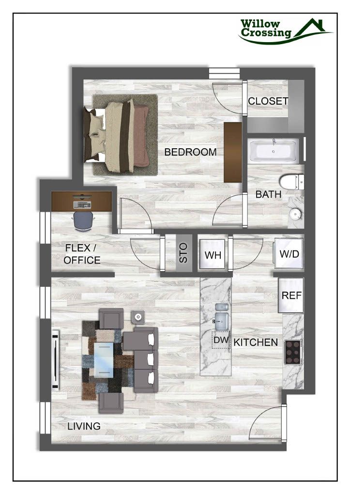 A floor plan of a small apartment with a living room , dining room , and kitchen.