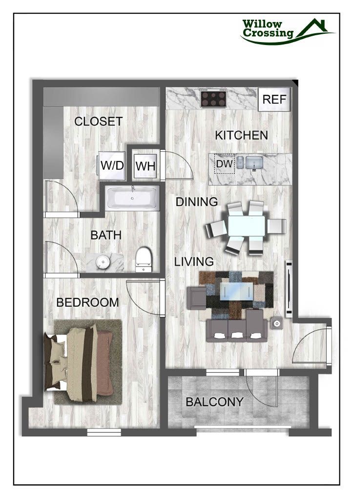 A floor plan of a bedroom apartment with a balcony