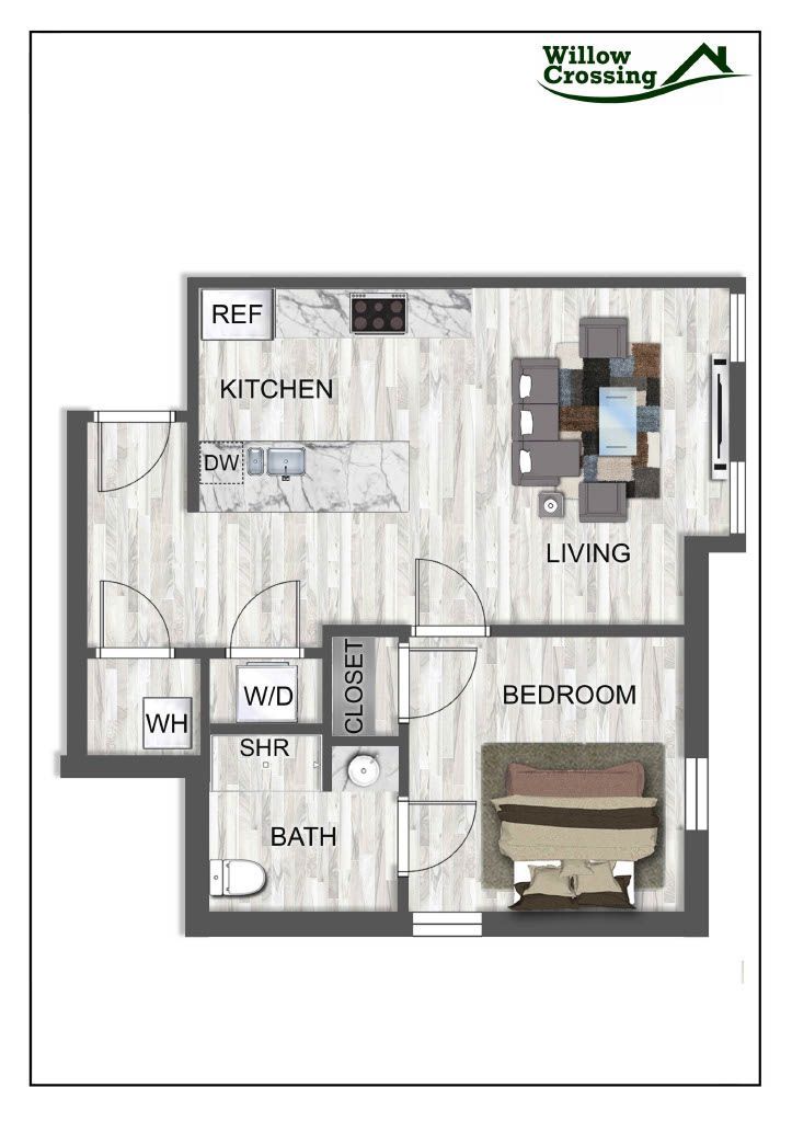 A floor plan of a small apartment with a bedroom , living room , kitchen and bathroom.
