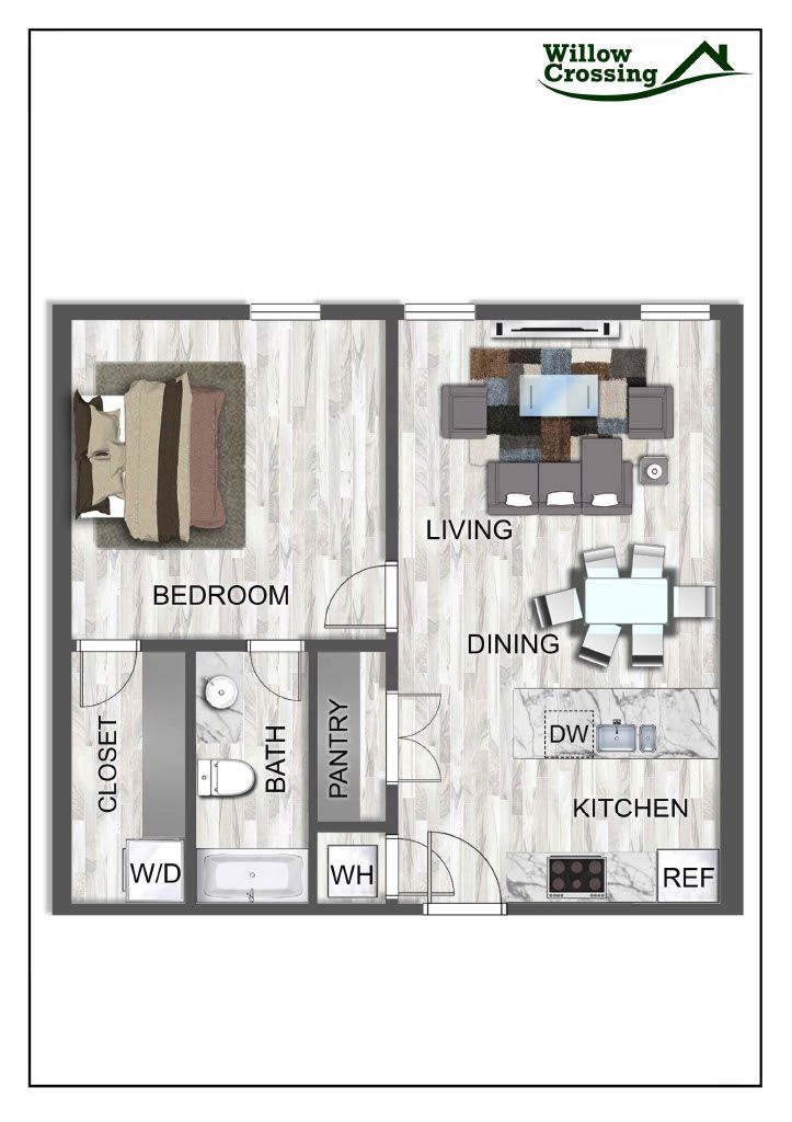 A floor plan of a house with a bedroom , dining room , and kitchen.