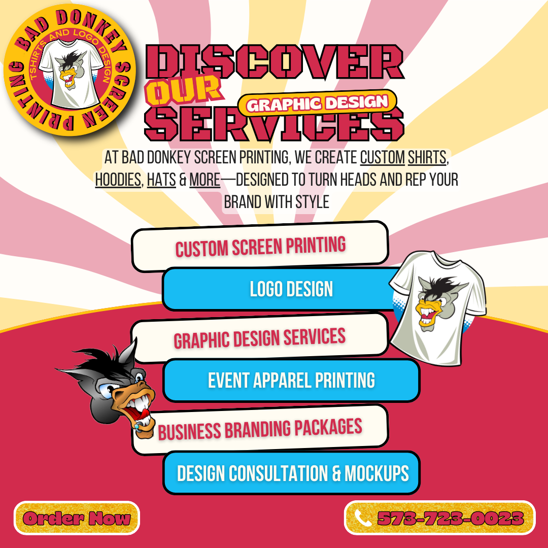 A promotional flyer for Bad Donkey Screen Printing, featuring services like custom printing, logo design, and branding.