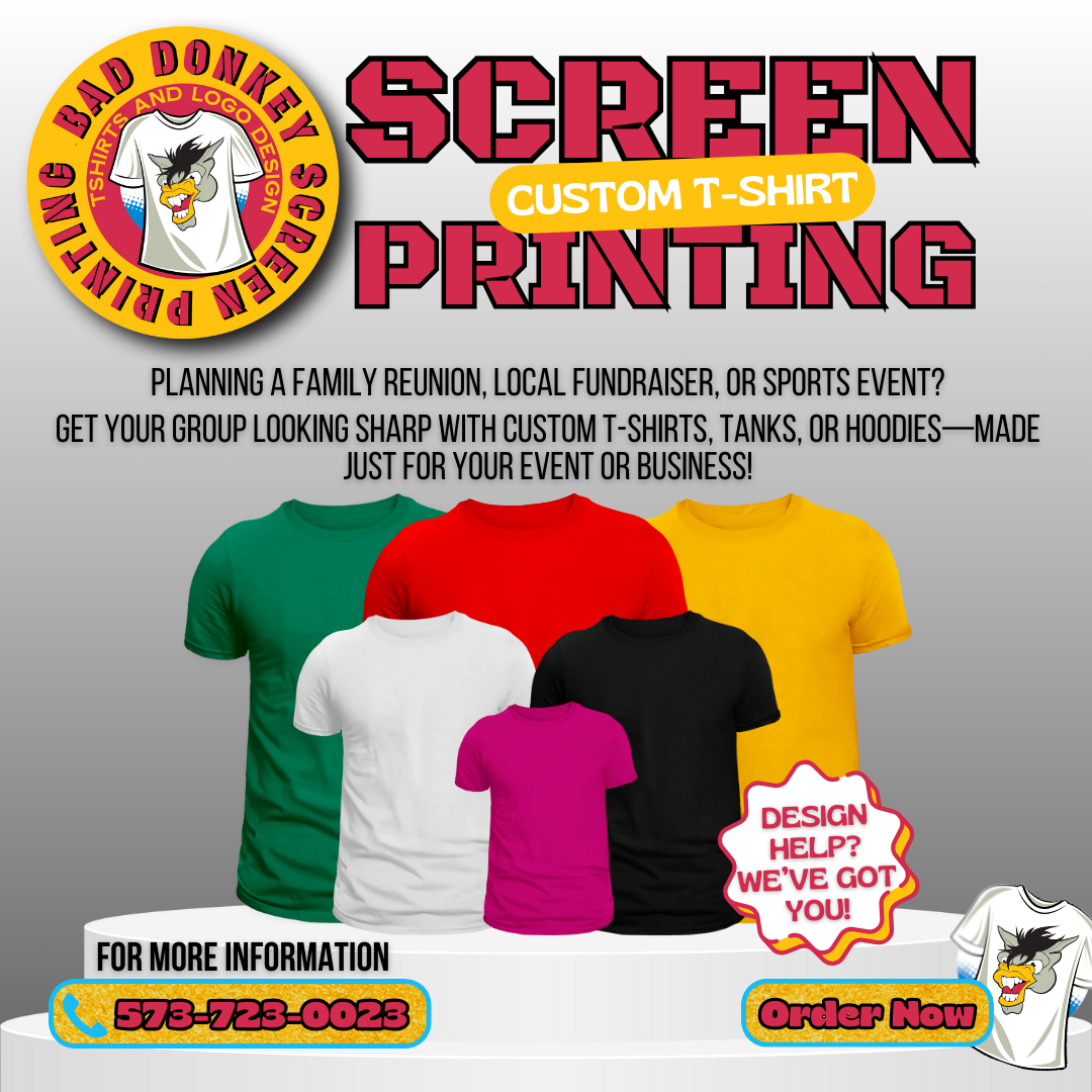 Promotional graphic for Bad Donkey Screen Printing, featuring various colored t-shirts and contact information.