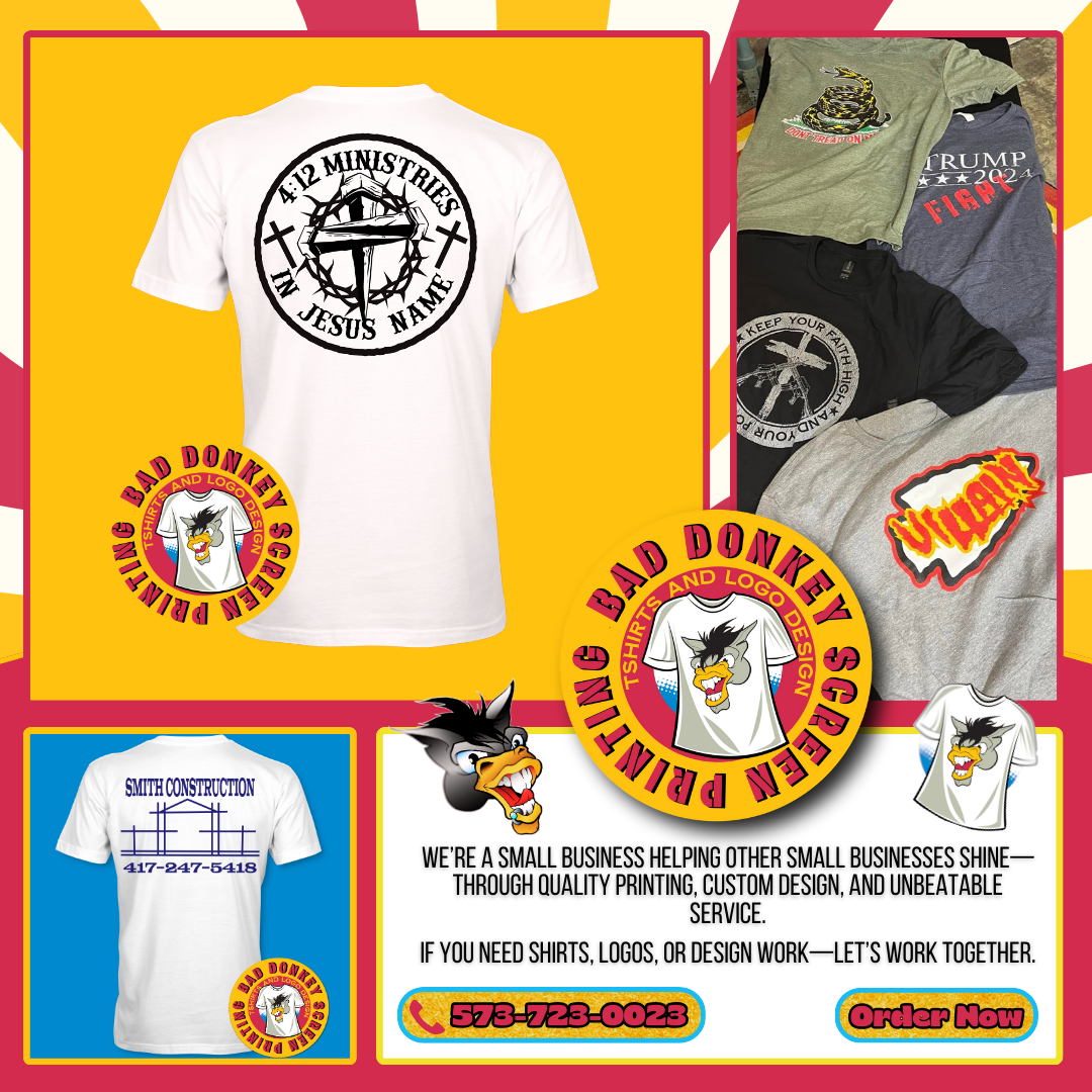 An advertisement for Bad Donkey Screen Printing featuring custom T-shirt designs, contact info, and an order button.