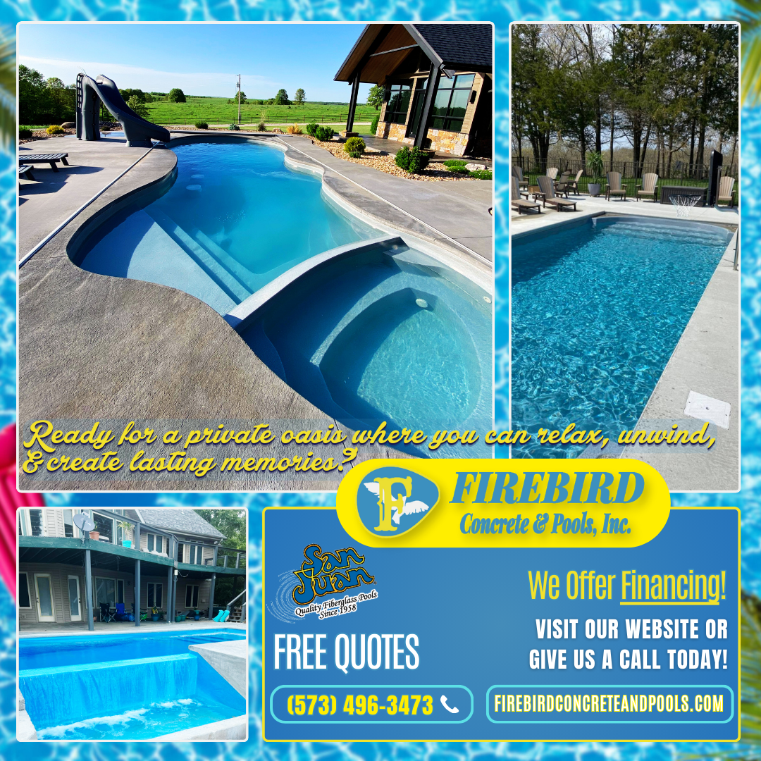A promotional graphic for Firebird Concrete & Pools, Inc., showing swimming pools with contact and financing information.