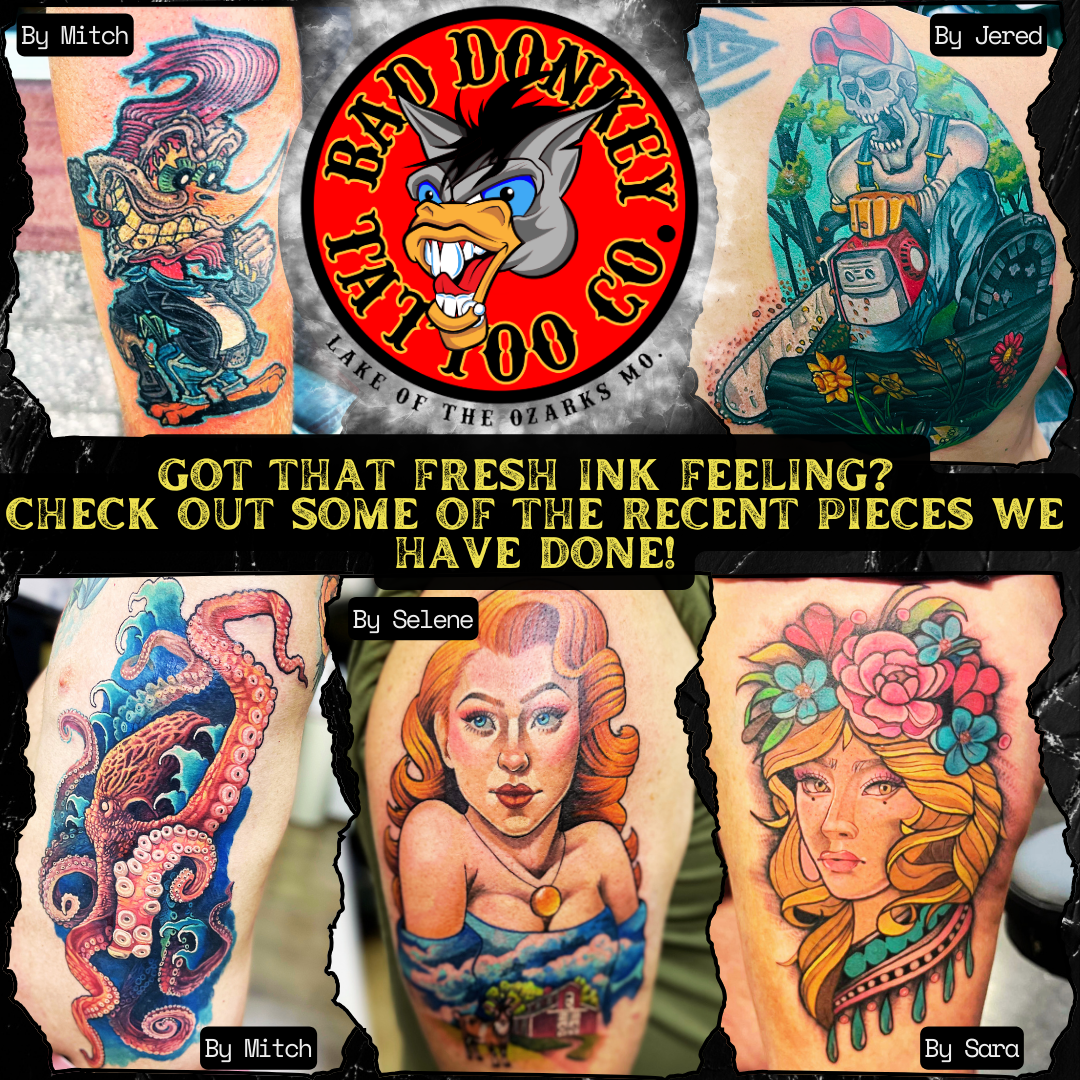 A promotional graphic for Bad Donkey Tattoo Co. showcasing five colorful, high-quality tattoos of various subjects.