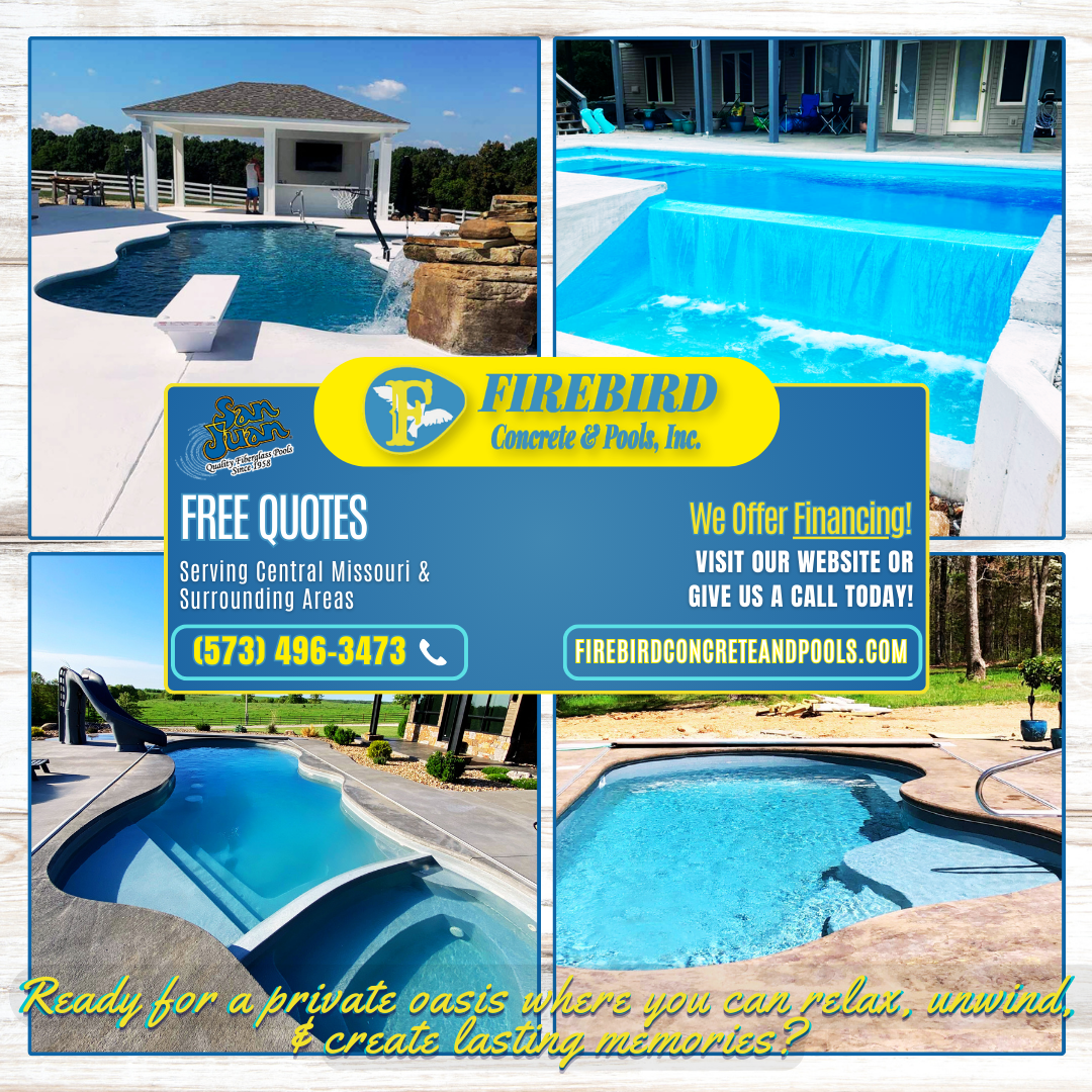 Four photos show luxury swimming pools and patios, with Firebird Concrete & Pools branding, contact info, and website.