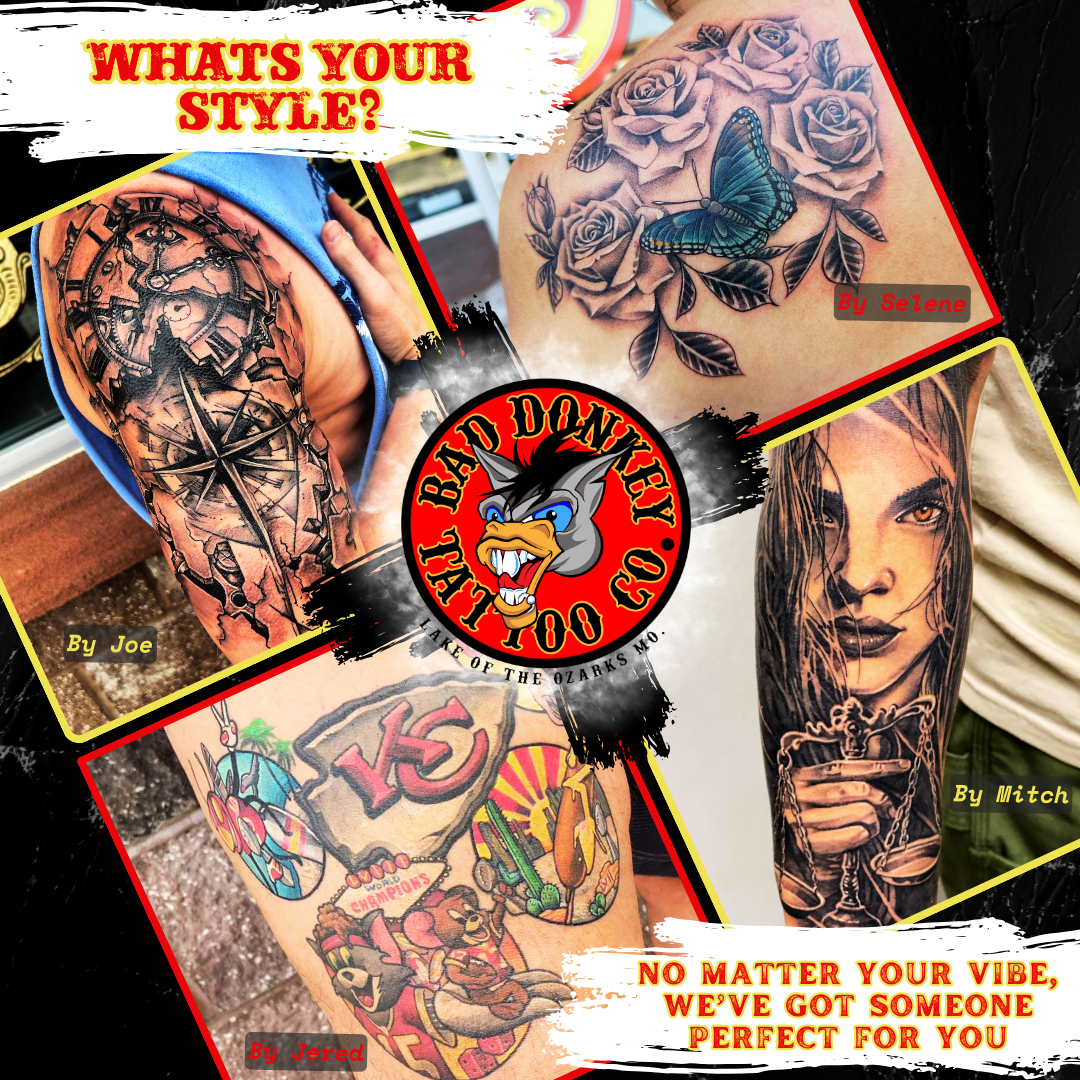 A collage showing four distinct tattoo styles surrounding the Bad Donkey Tattoo Co. logo, with promotional text.