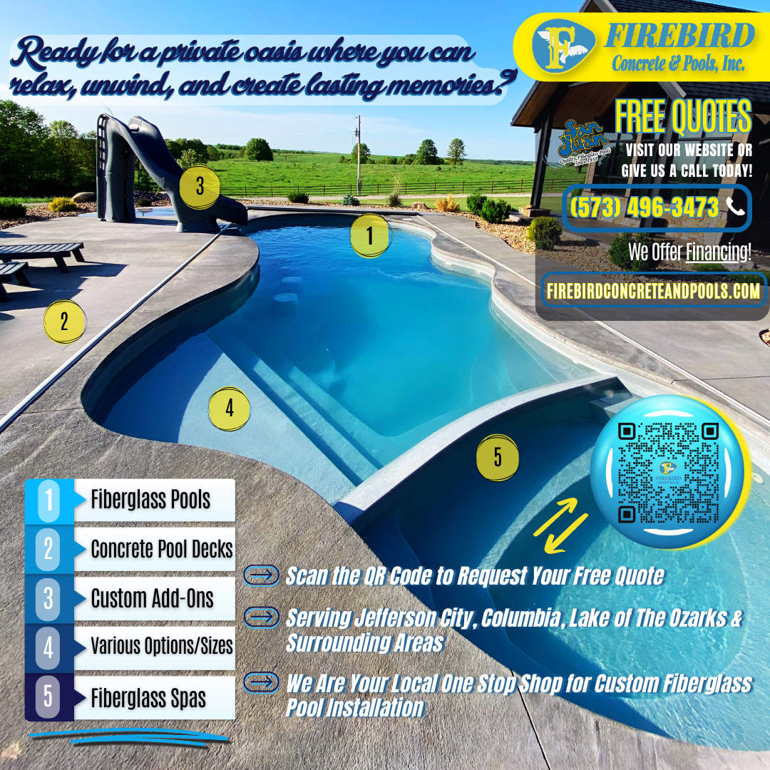 A backyard swimming pool with a slide, spa, and concrete deck, promoting Firebird Concrete & Pools services.