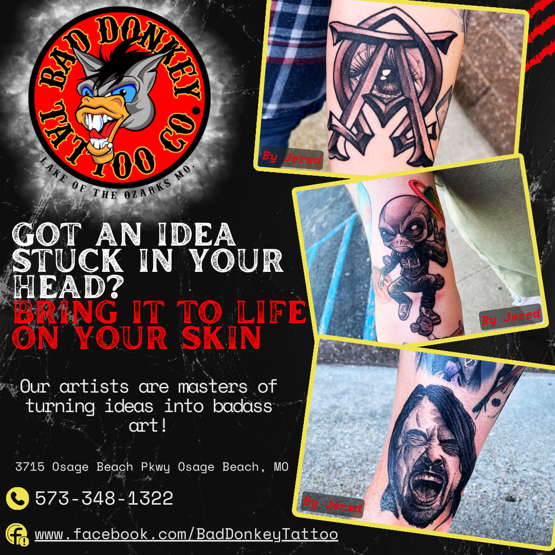 Advertisement for Bad Donkey Tattoo Co. with contact details and photos of three tattoos on skin.