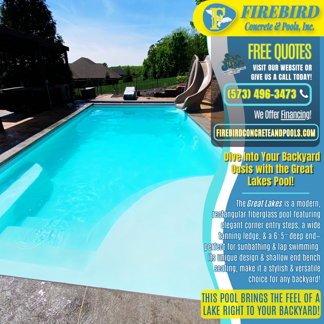 An outdoor swimming pool with a slide and patio, featuring Firebird Concrete & Pools advertising and contact information.