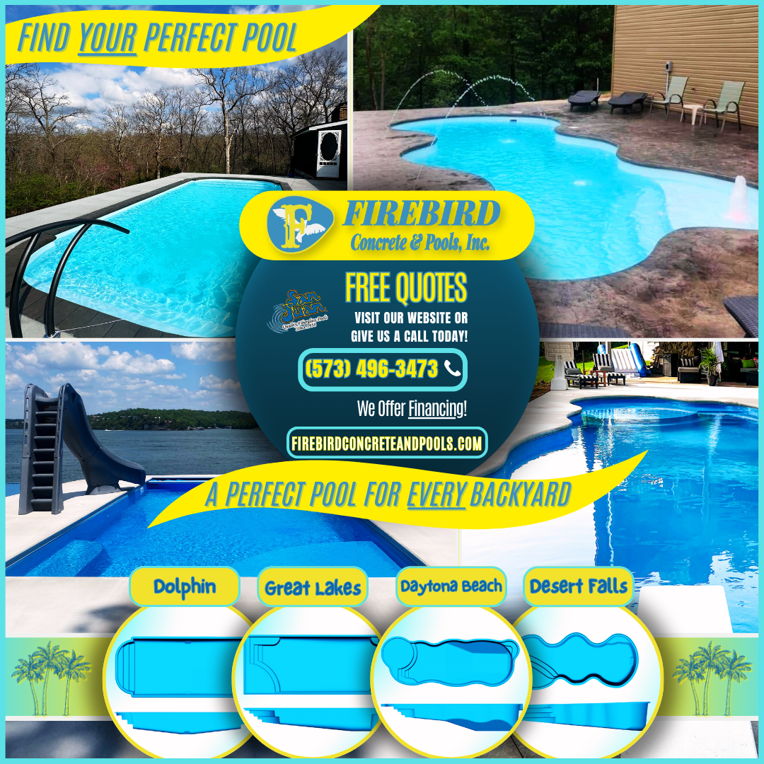 Firebird Concrete & Pools advertisement featuring four pool shapes and styles with contact information and website link.