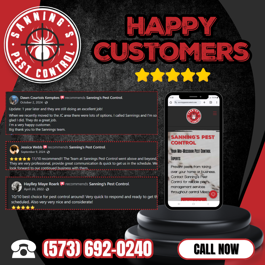 Sanning’s Pest Control ad with five-star reviews, a smartphone showing their website, and a phone number to call.