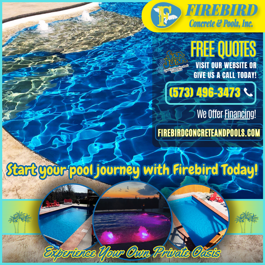 An advertisement for Firebird Concrete & Pools featuring swimming pool images, contact info, and website link.