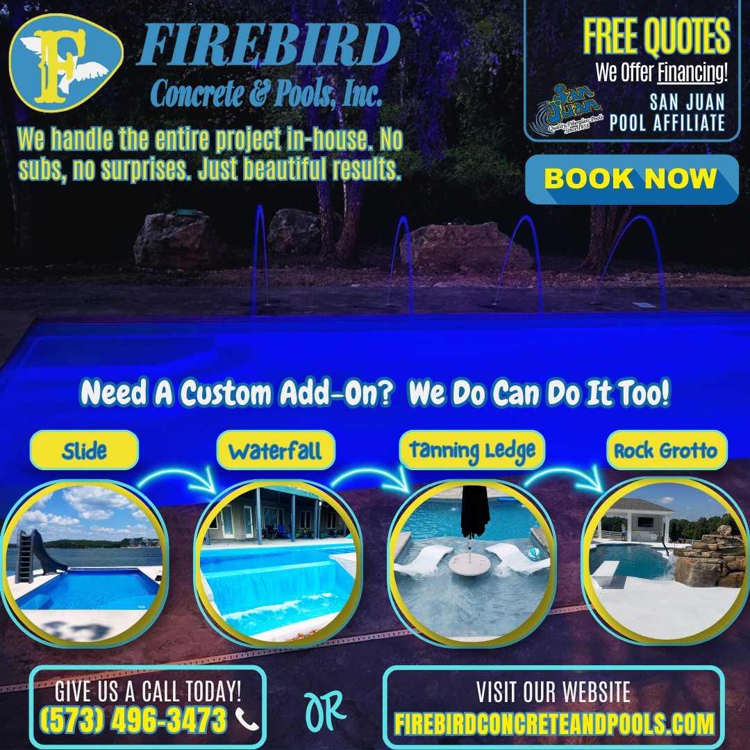 Advertisement for Firebird Concrete & Pools showing custom pool add-ons like slides, waterfalls, and tanning ledges.