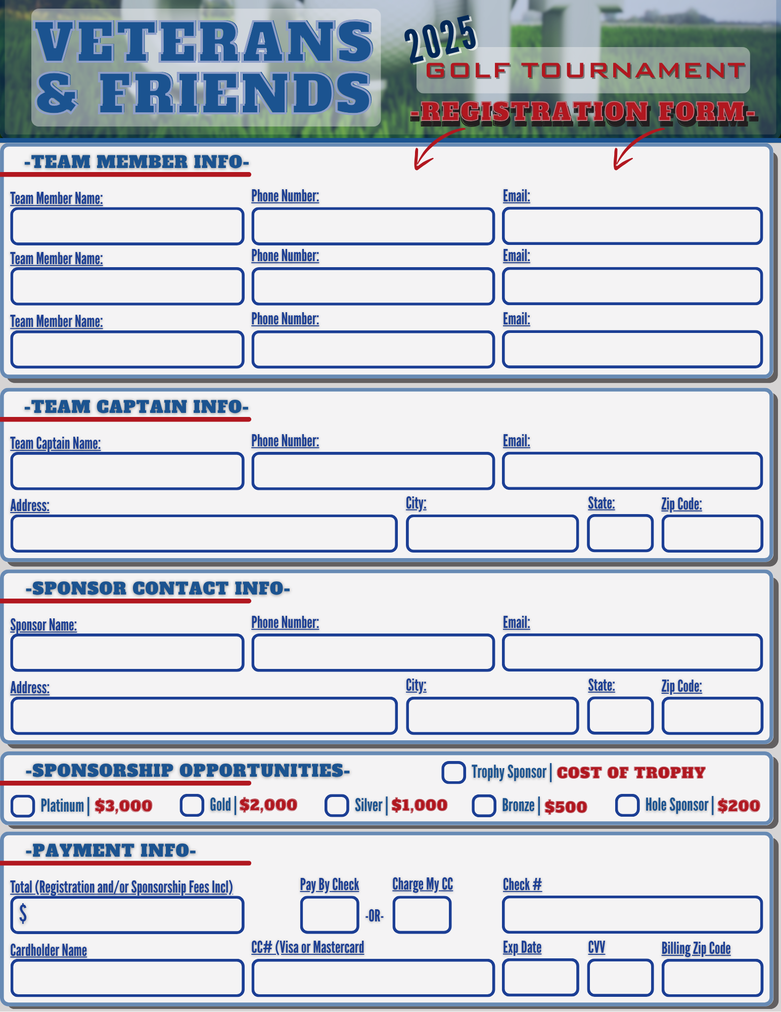 A 2025 Veterans & Friends golf tournament registration form with sections for team, sponsor, sponsorship, and payment info.