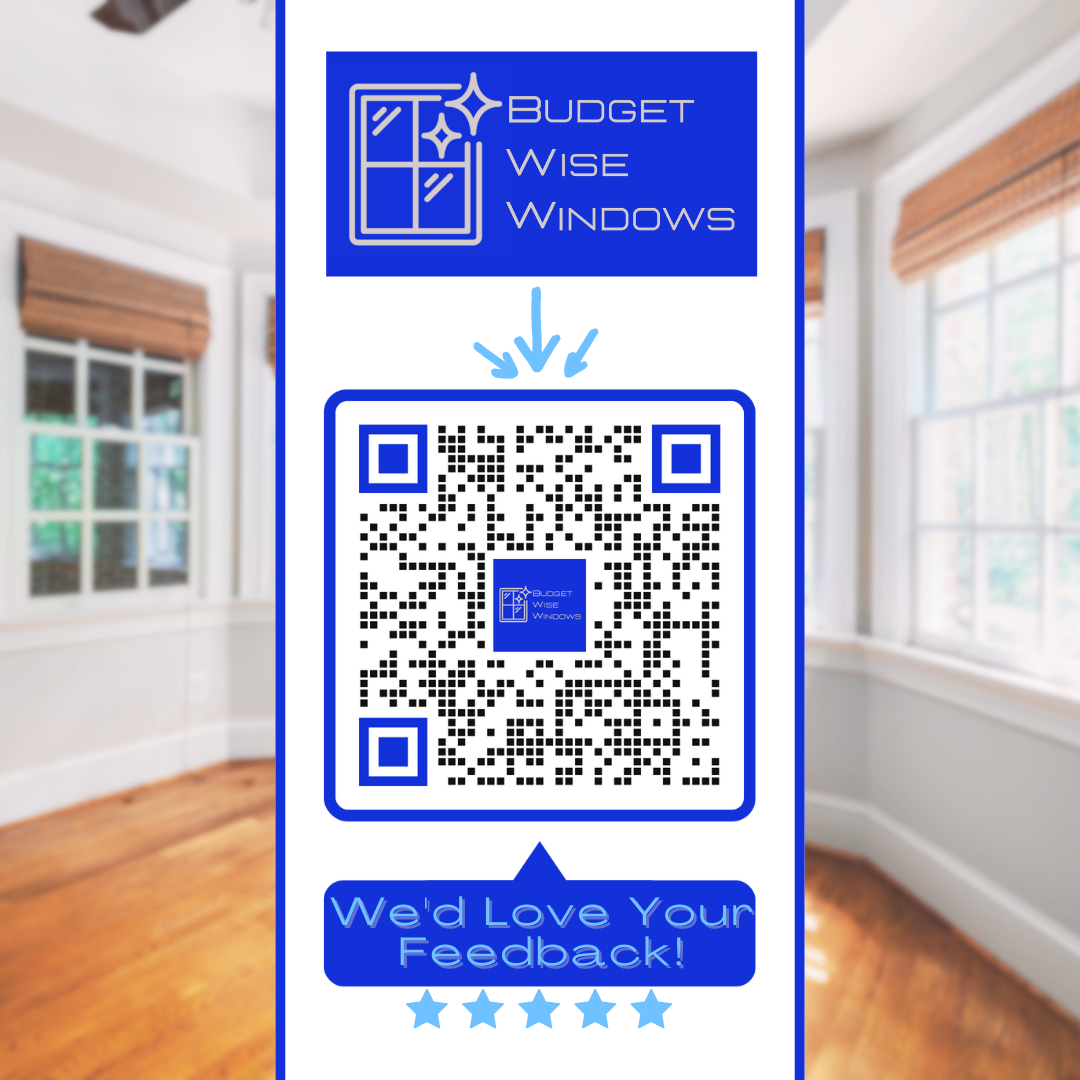 A flyer for Budget Wise Windows with a QR code, an arrow pointing to it, and a 