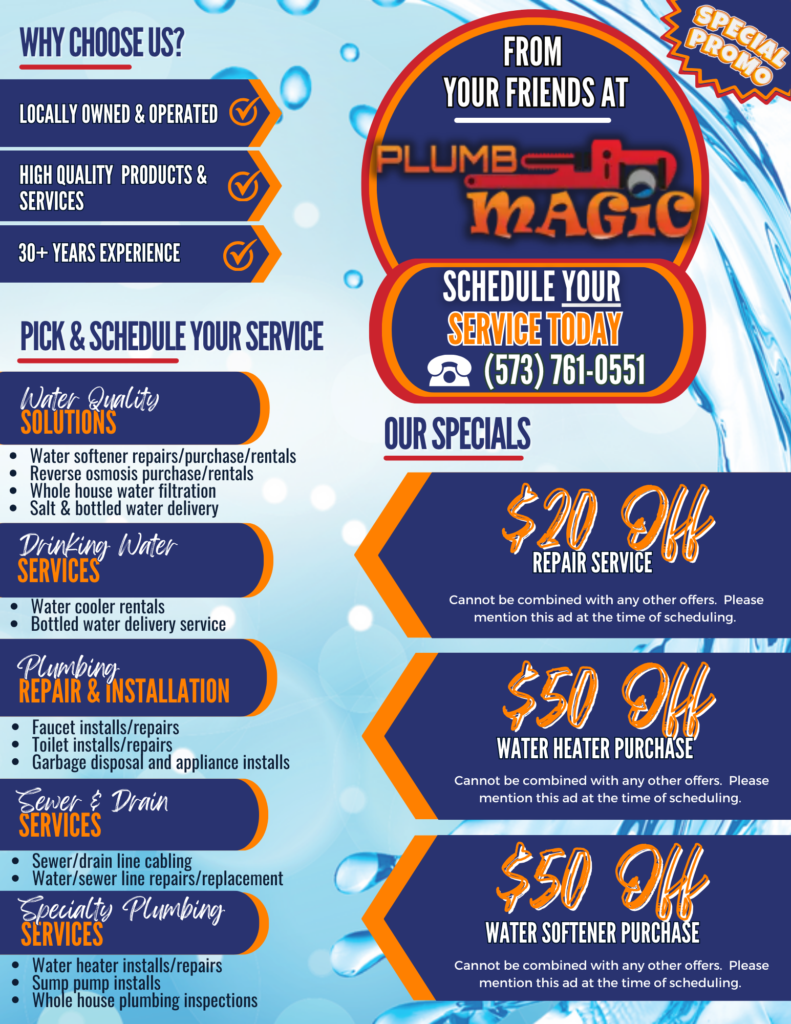 Flyer for Plumb Magic listing plumbing services, contact information, and promotional discounts.