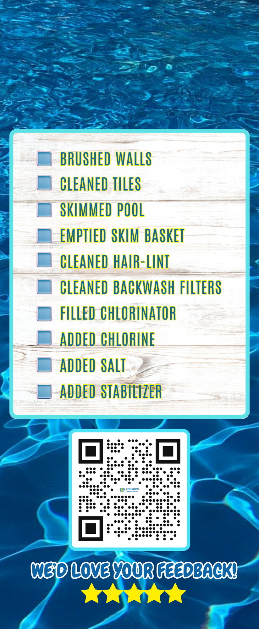 A checklist of pool maintenance tasks above a QR code and a five-star feedback prompt against a blue water background.