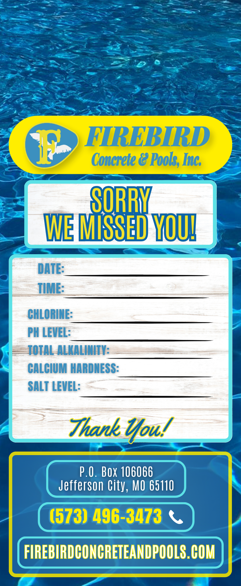 Firebird Concrete & Pools door hanger with pool test result lines, contact information, and a blue water background.