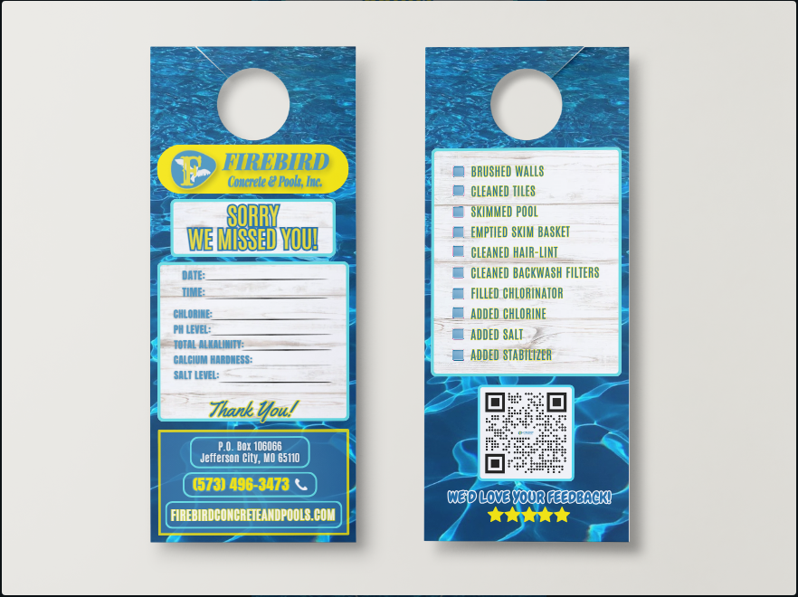 A pool service door hanger showing 