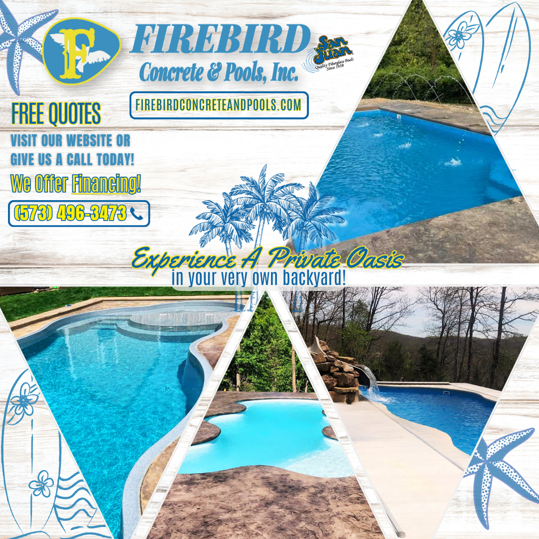 A flyer for Firebird Concrete & Pools featuring three images of backyard swimming pools and contact information.