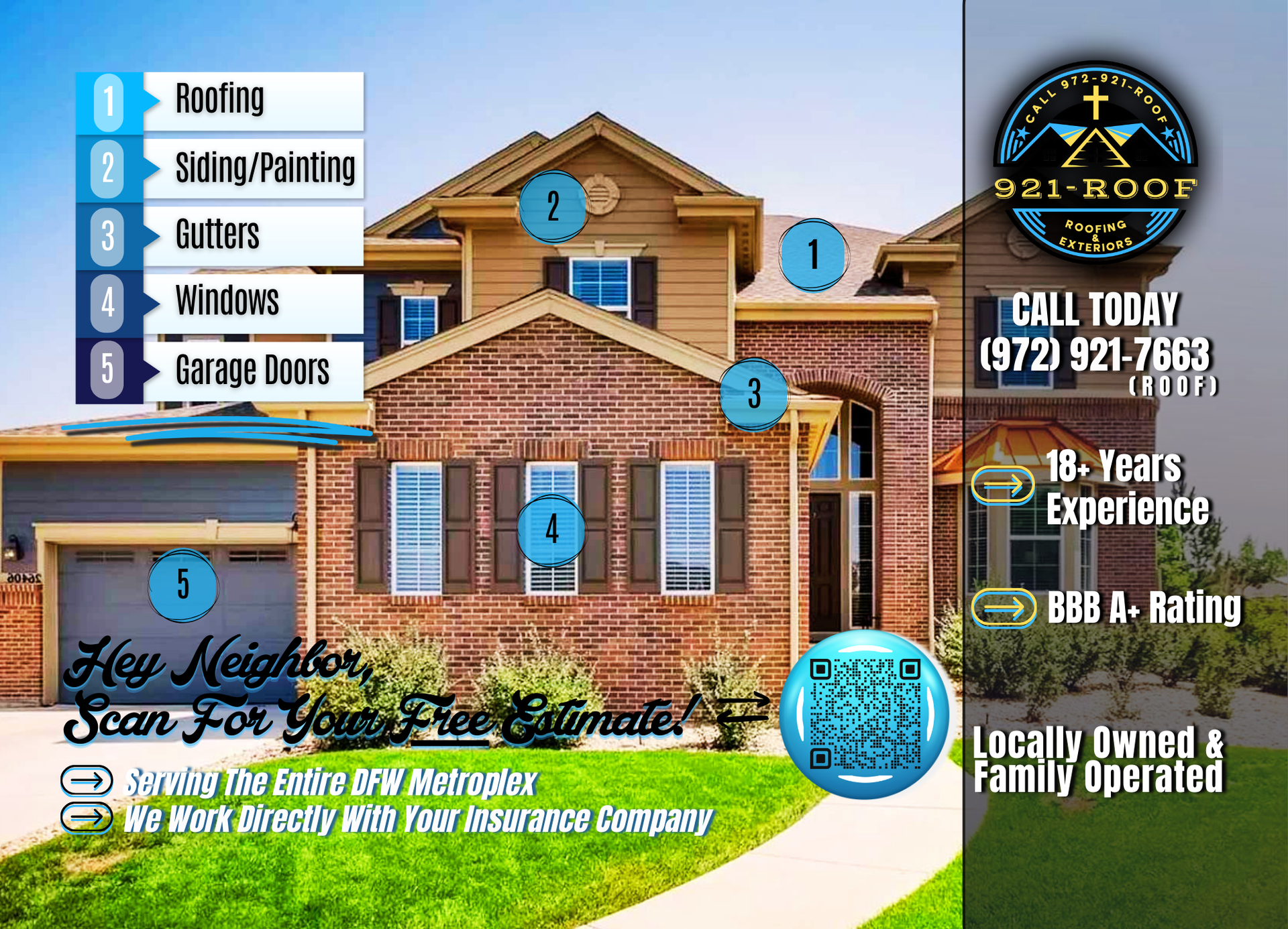 A house advertisement for AX1-ROOF showing home services like roofing, siding, windows, and garage doors with contact info.