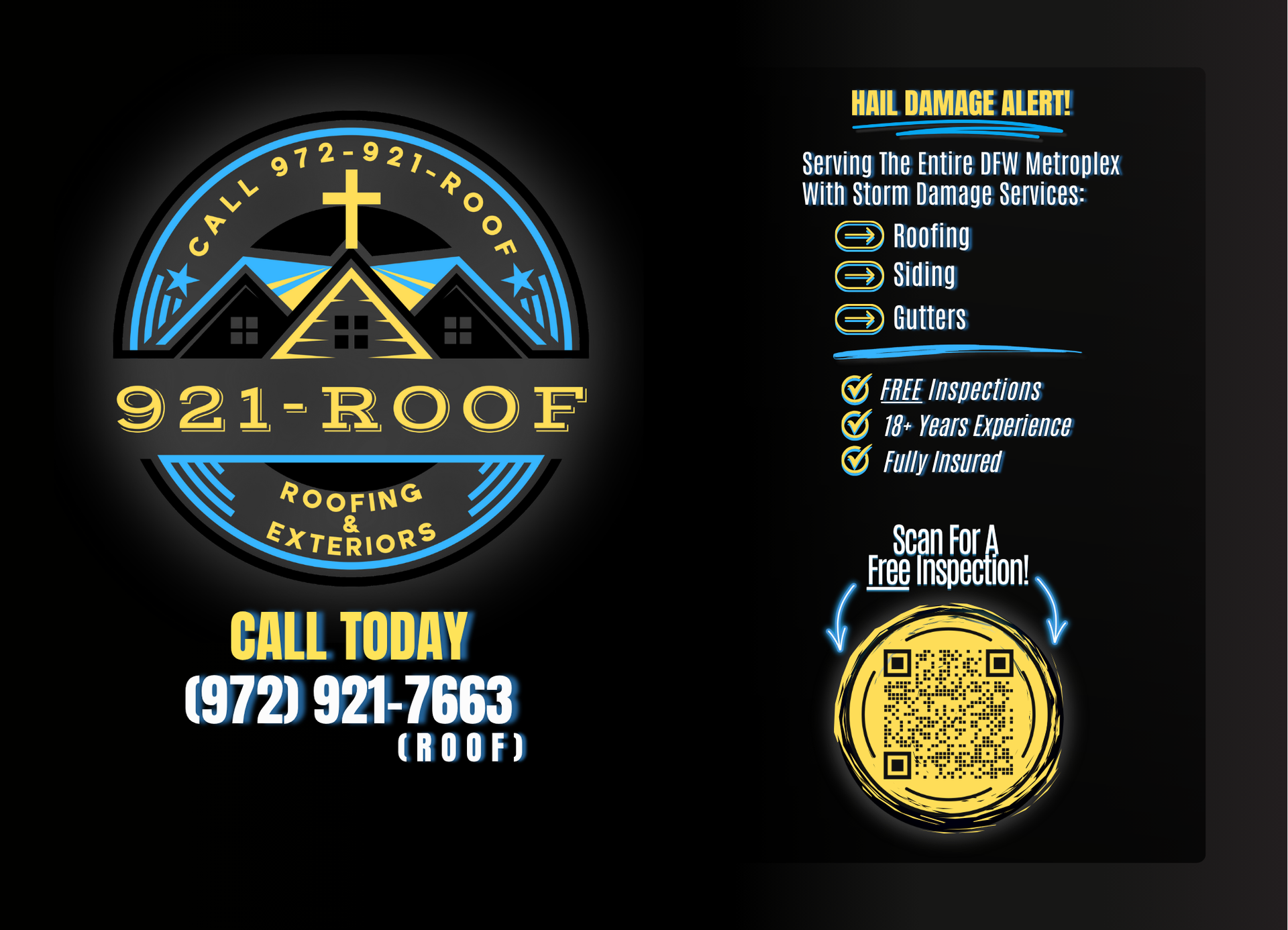 Promotional flyer for 921-ROOF, offering roofing, siding, and gutter services in DFW with a QR code for a free inspection.