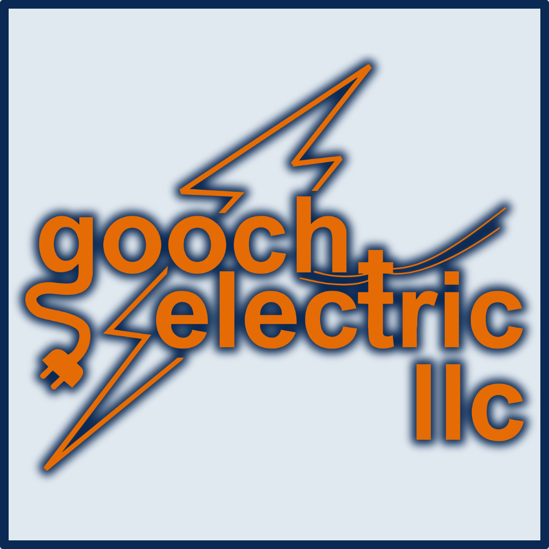 Logo for Gooch Electric LLC featuring orange text with a lightning bolt and electrical plug icon on a light blue background.