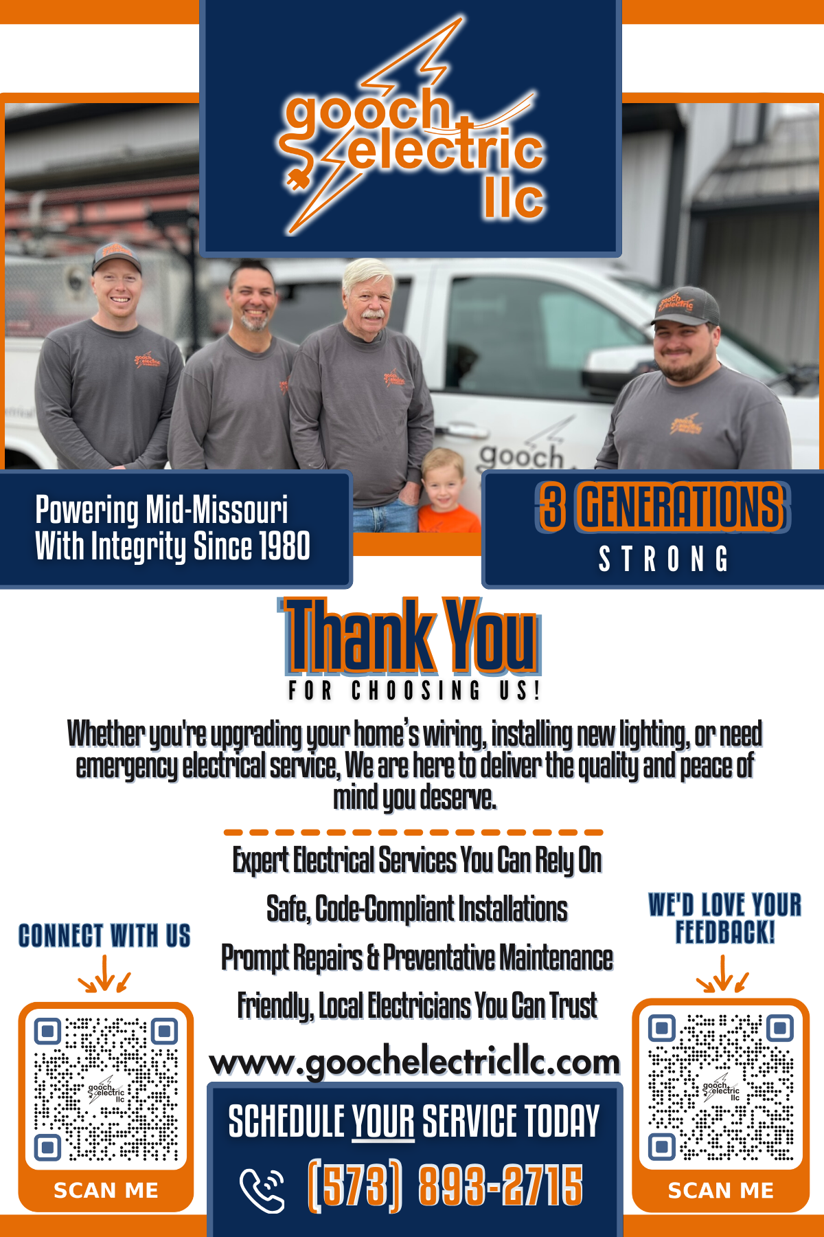 Promotional flyer for Gooch Electric LLC, featuring four staff members, services list, phone number, and two QR codes.