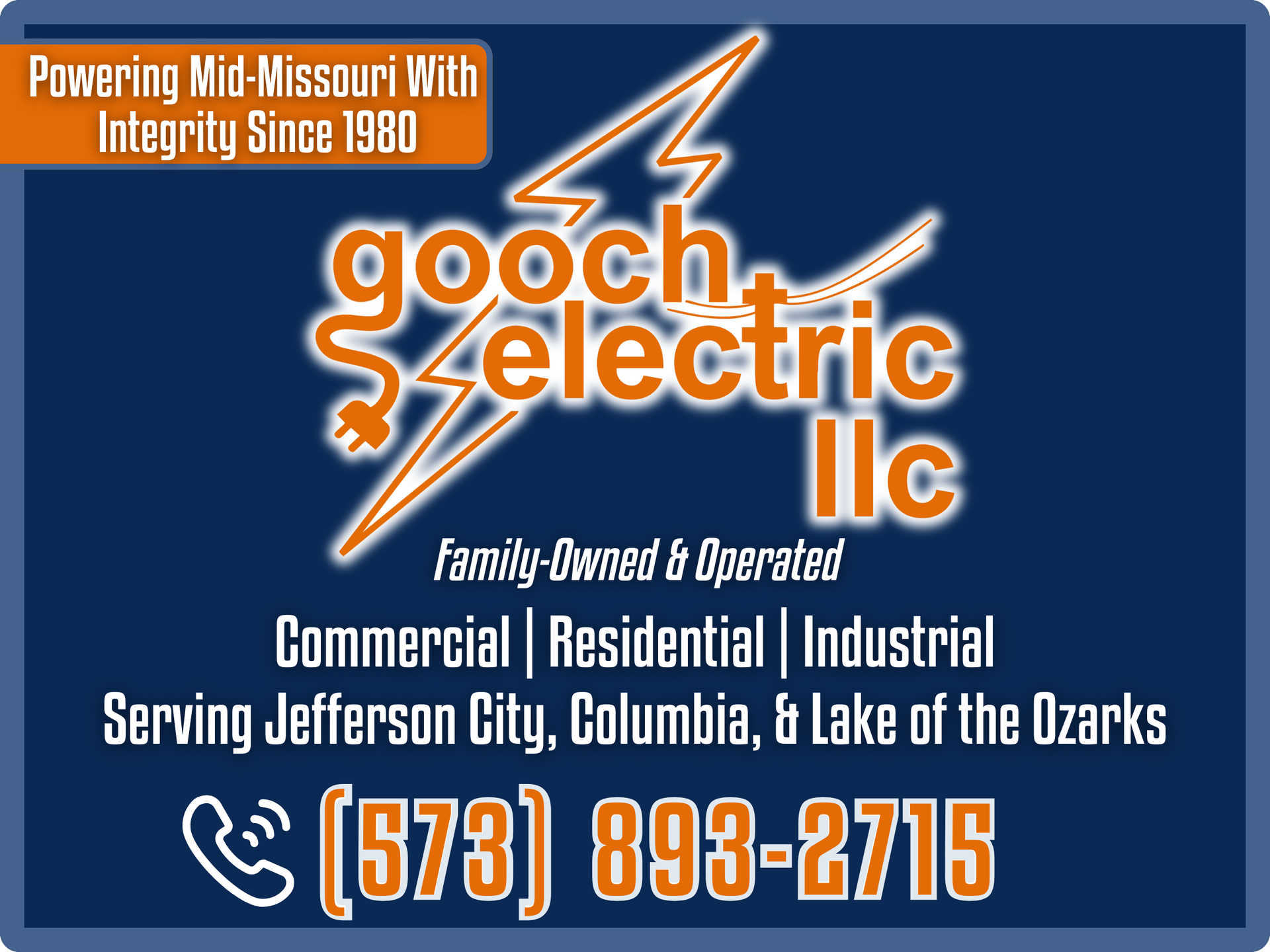 Gooch Electric LLC logo with contact info, services offered, and service areas in Missouri on a navy blue background.