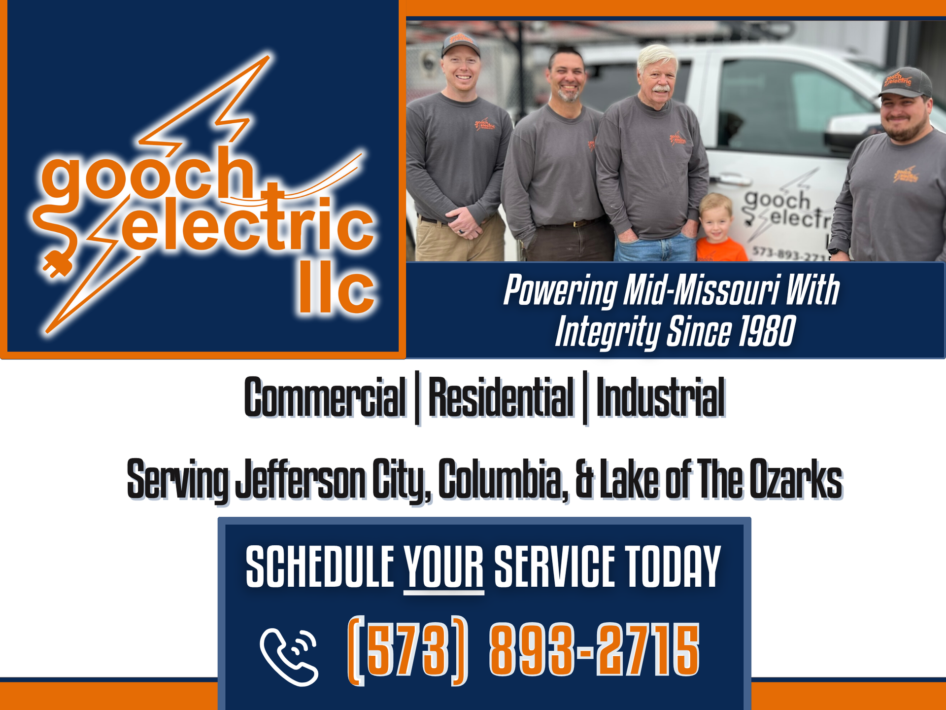 Advertisement for Gooch Electric LLC, featuring four people by a company van and contact info for Mid-Missouri services.