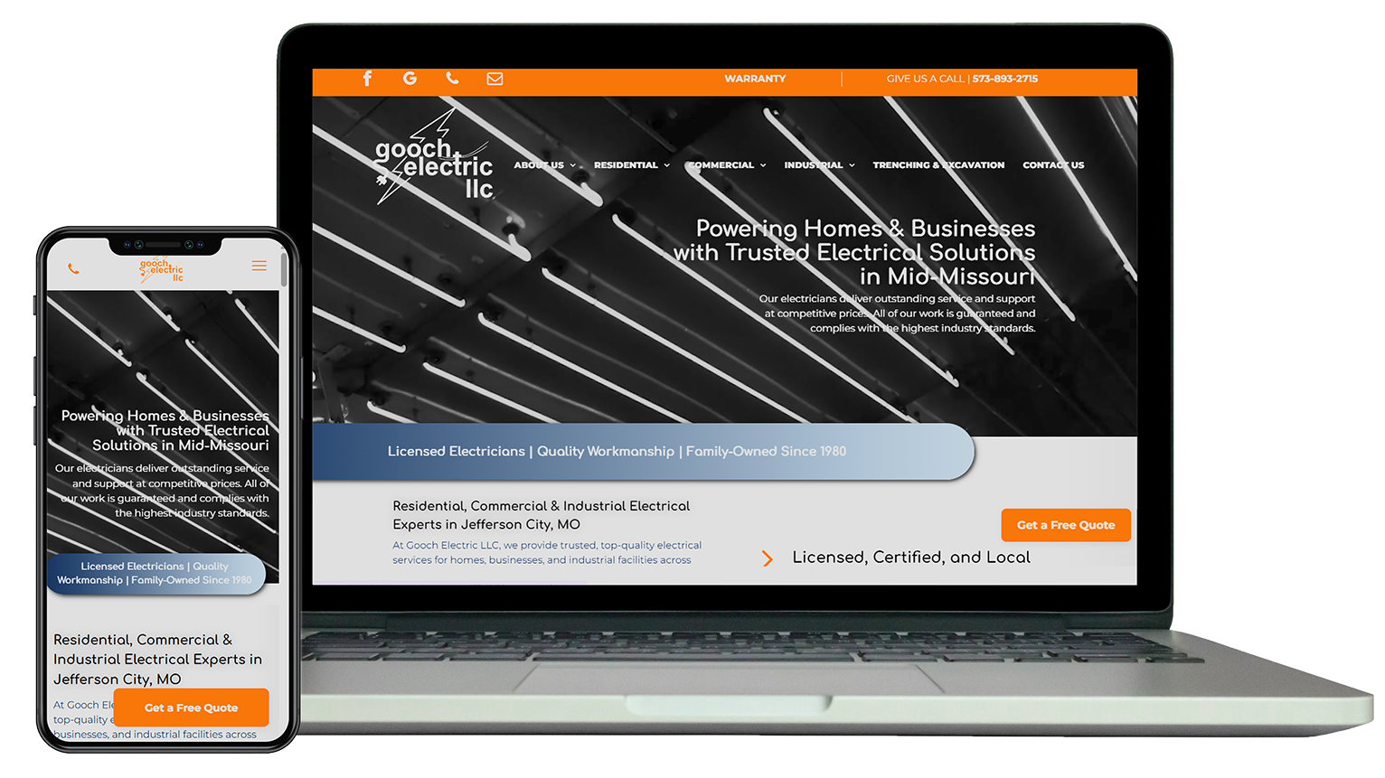 A laptop and a smartphone displaying a website with an orange header and professional text on a dark abstract background.