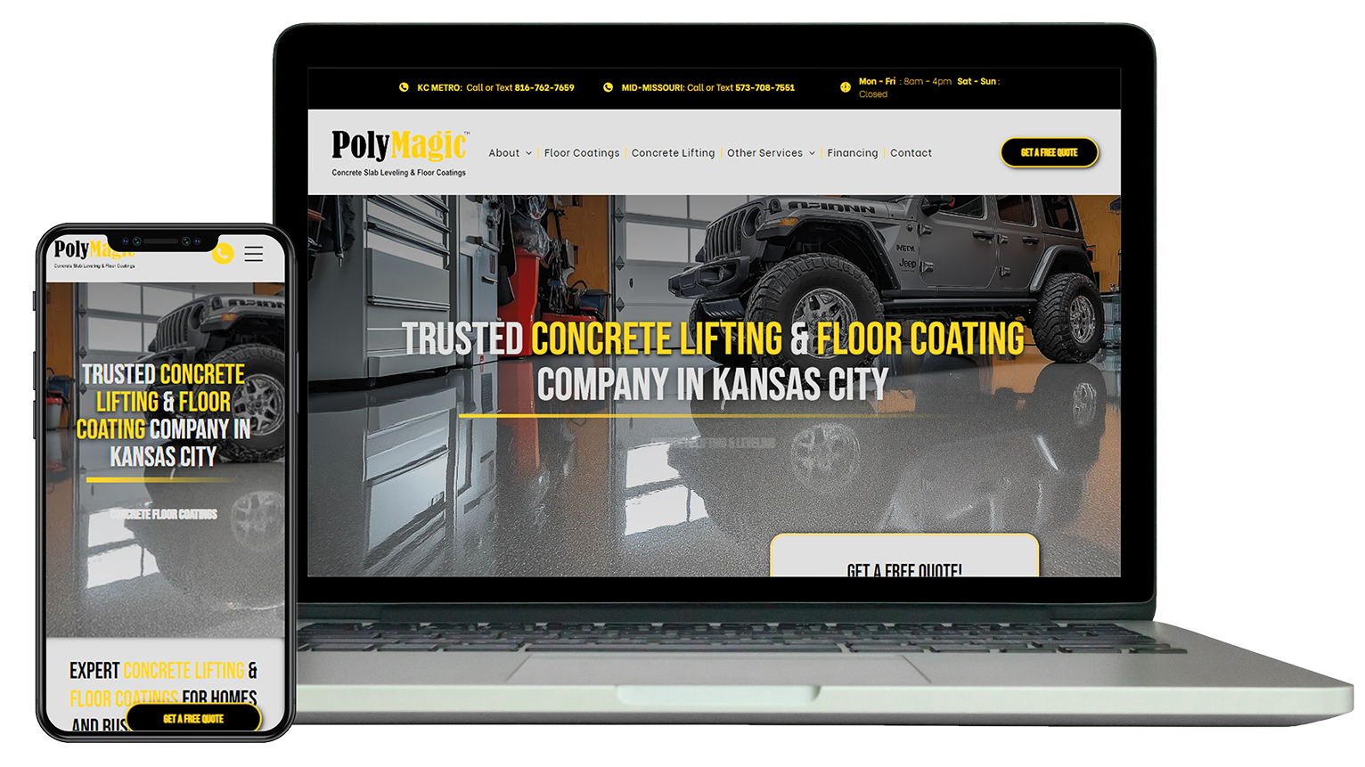 A laptop and smartphone displaying the PolyLevel website, featuring a Jeep on a shiny concrete garage floor.