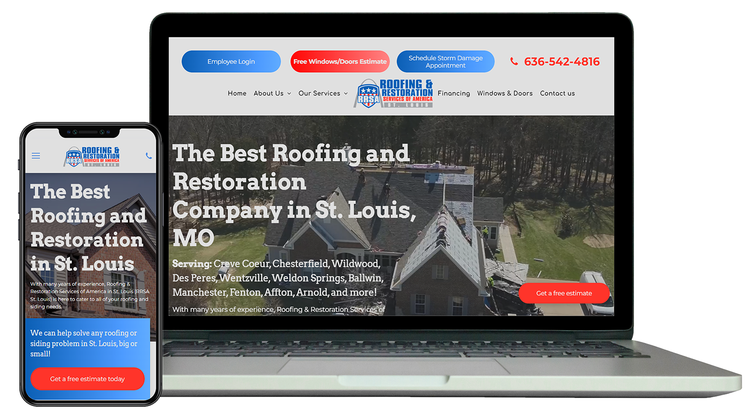 A laptop and smartphone displaying a website for a St. Louis roofing and restoration company.