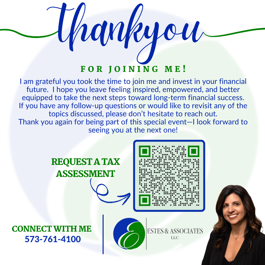 Thank you note from Estes & Associates with contact info, a QR code for a tax assessment, and a professional portrait.
