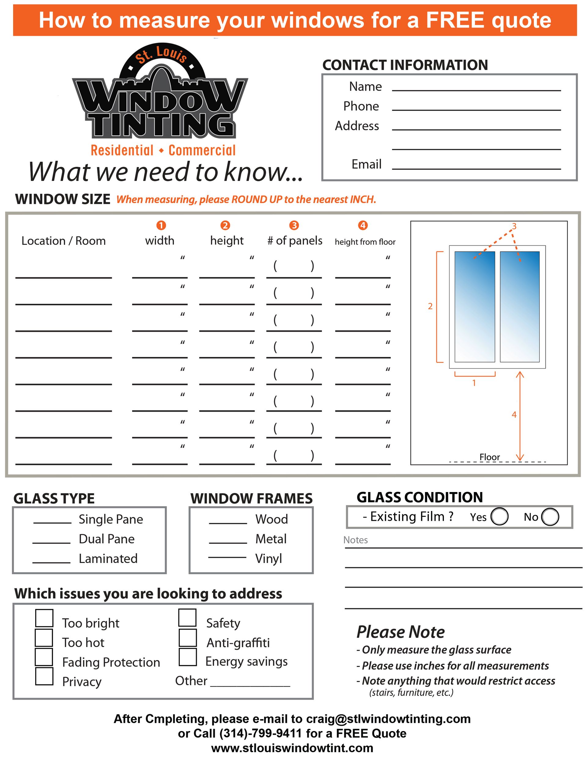 A window tinting quote form with fields for contact info, window measurements, glass type, and tinting goals.