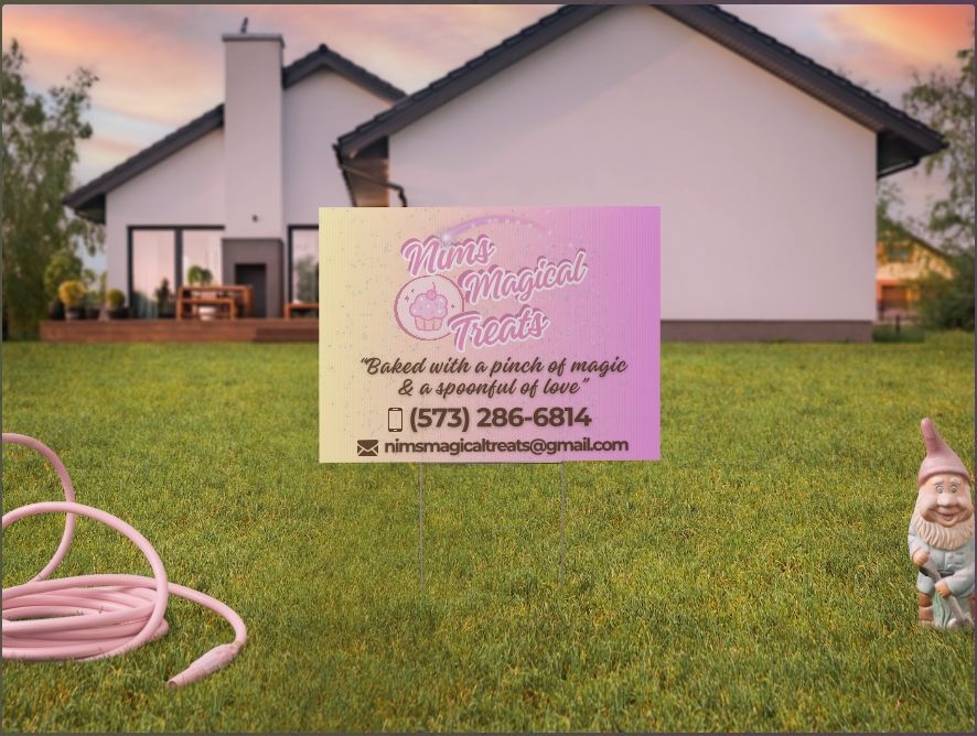 A business sign for Nira’s Magical Treats stands in a grassy yard in front of a house, featuring contact info and a gnome.