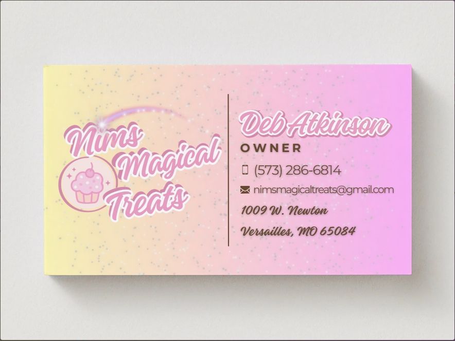 Business card for Mim's Magical Treats with a pink and yellow gradient, featuring a cupcake logo and contact information.