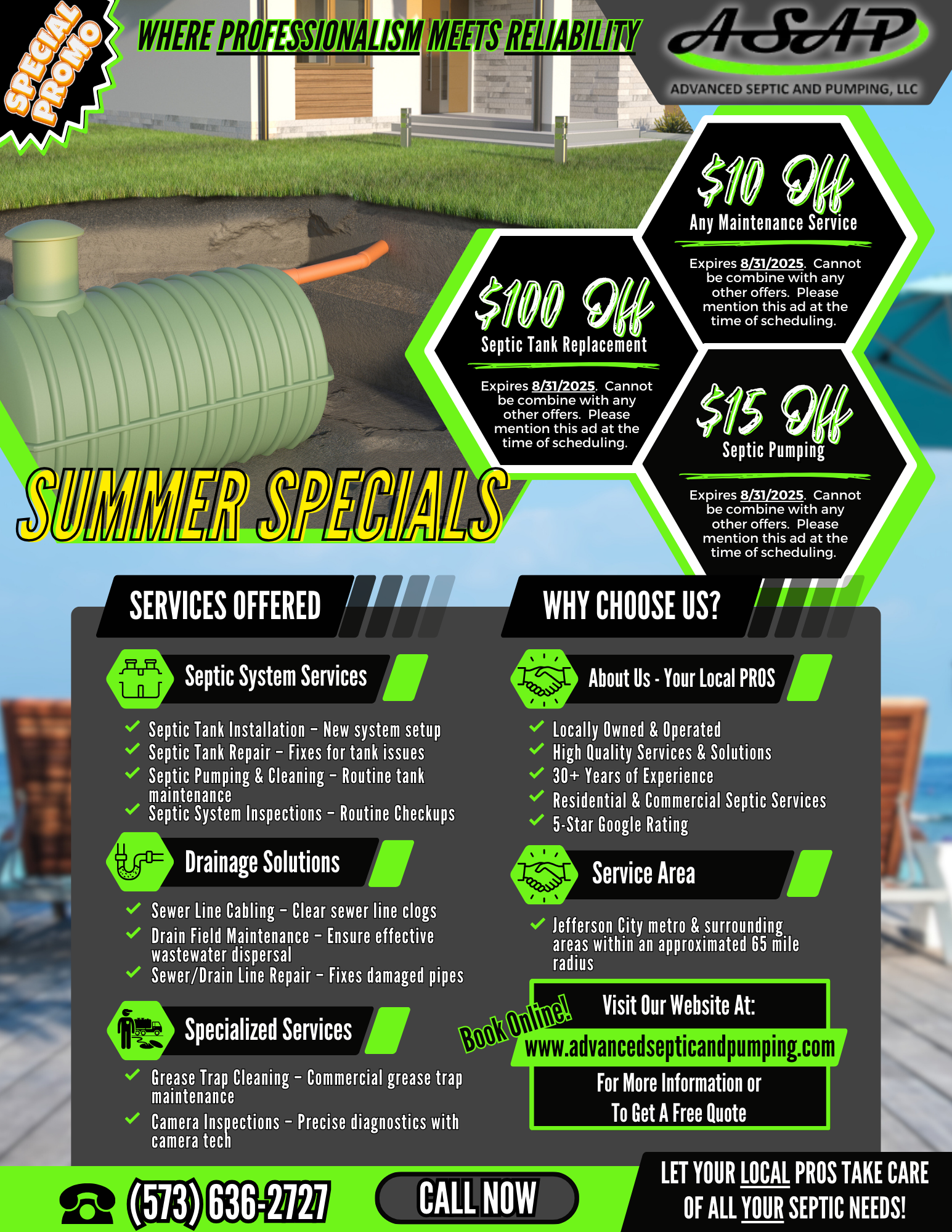 A promotional flyer for ASAP Septic and Pumping, advertising summer discounts on septic, drainage, and cleaning services.