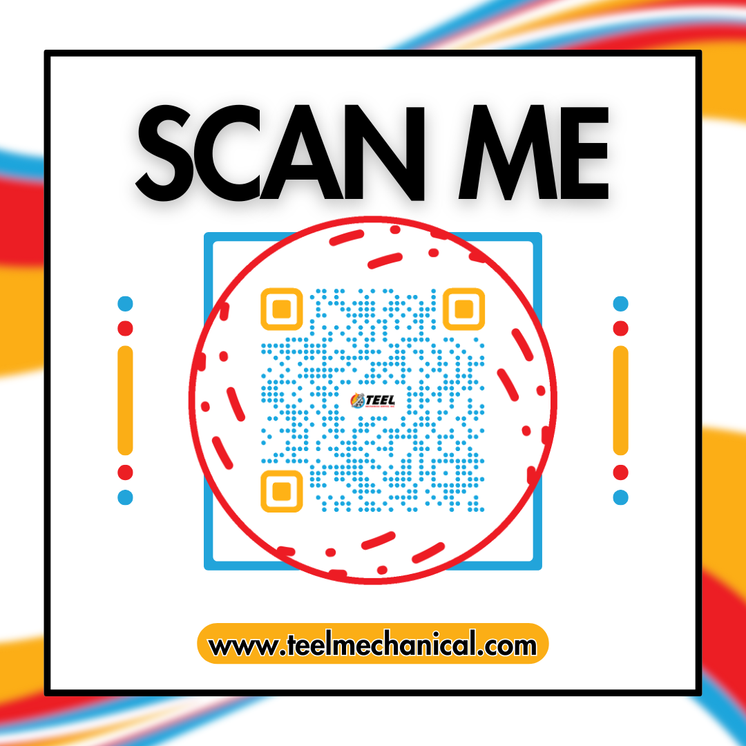 SCAN ME flyer featuring a QR code, decorative accents, and the website www.tealmechanical.com.