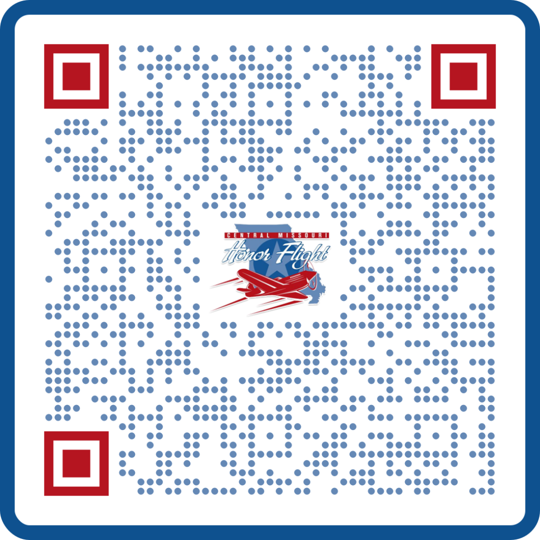A red, white, and blue QR code featuring the Central Missouri Honor Flight logo in the center.