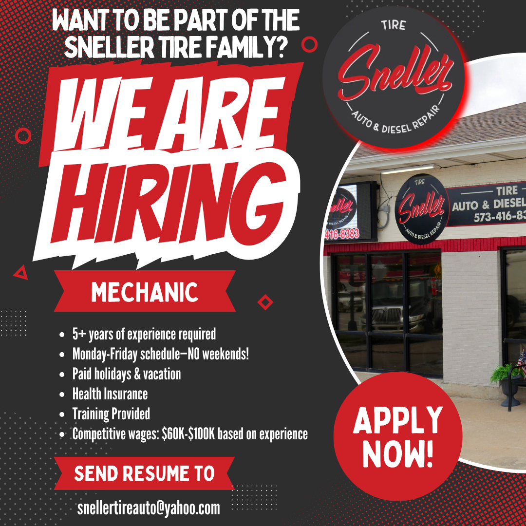 A red and black flyer for Sneller Tire hiring a mechanic with 5+ years of experience, benefits, and salary details.