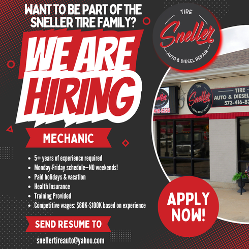 A red and black flyer for Sneller Tire hiring a mechanic with 5+ years of experience, benefits, and salary details.