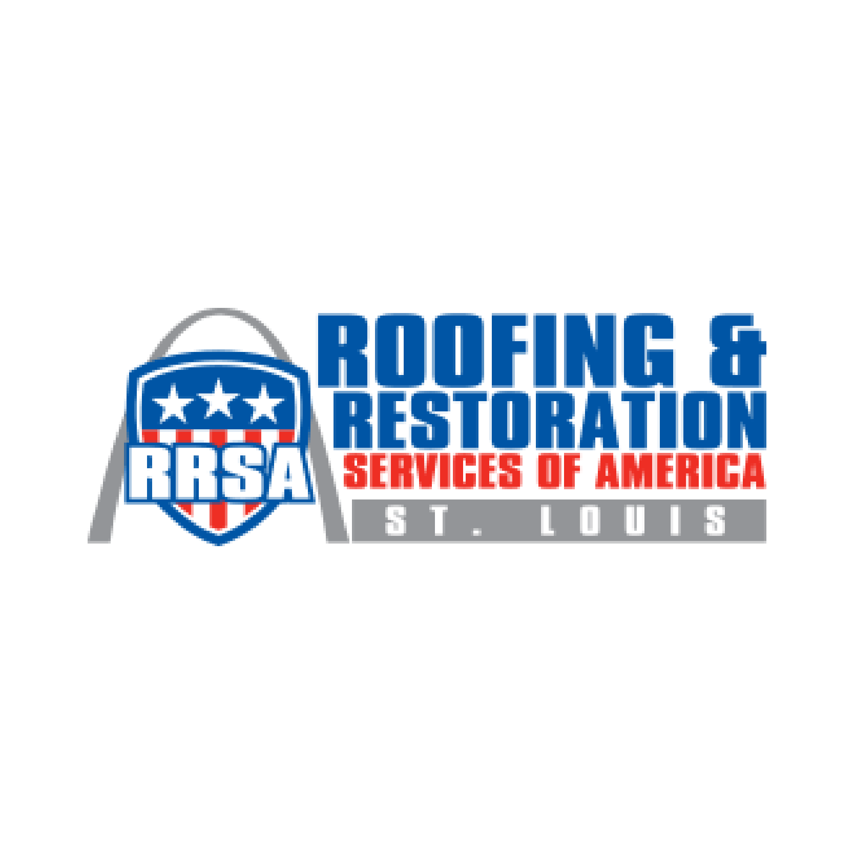 Logo for Roofing & Restoration Services of America St. Louis, featuring a blue shield with three stars and an arch outline.