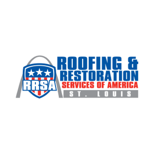 Logo for Roofing & Restoration Services of America St. Louis, featuring a blue shield with three stars and an arch outline.