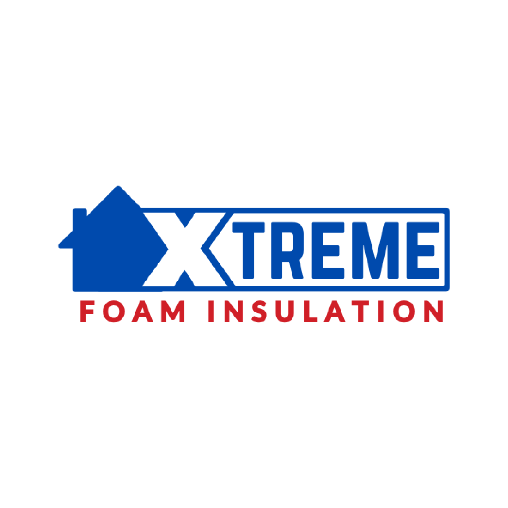 Logo for Xtreme Foam Insulation featuring a blue house icon shaped like an "X" followed by blue text and red subtext.