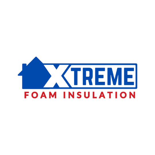 Logo for Xtreme Foam Insulation featuring a blue house icon shaped like an "X" followed by blue text and red subtext.